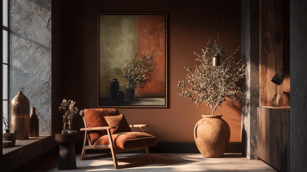 Warm living room interior design trends 2026 with earthy tones and rustic elegance