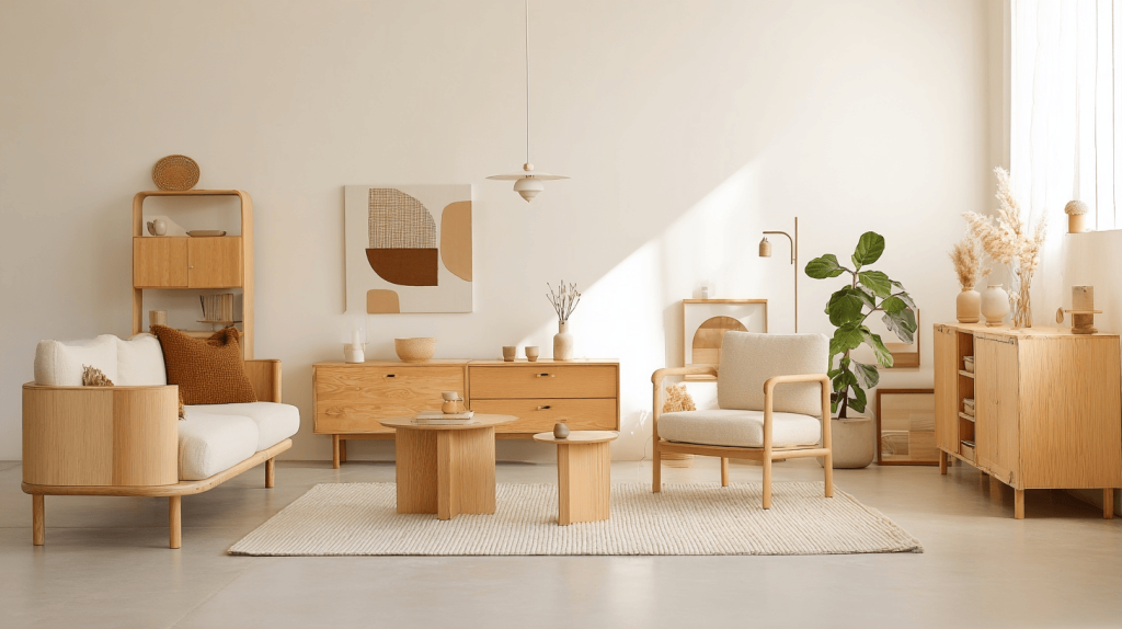 Minimalist living room design trends 2026 with natural wood and warm beige tones