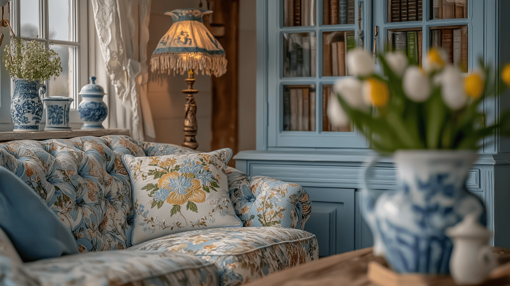 Charming living room design trends 2026 with vintage blue decor and floral details