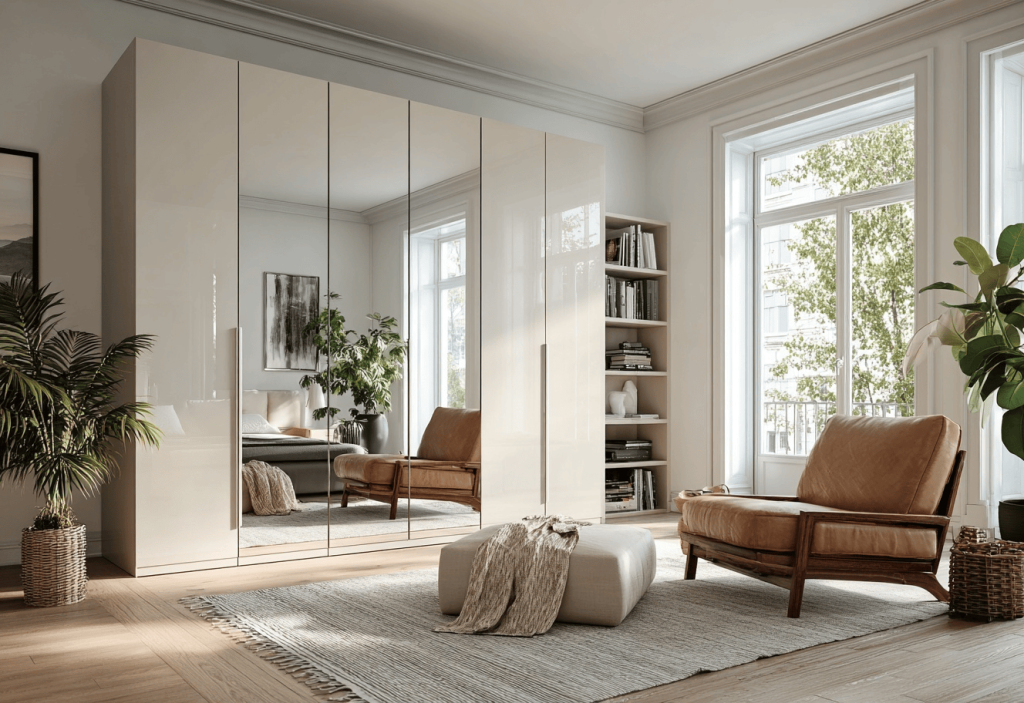 Stylish contemporary wardrobe trends with mirrored doors in a bright cozy room