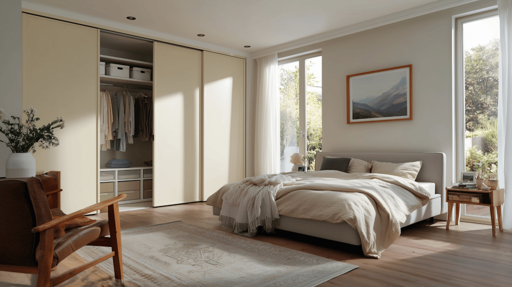Space-saving wardrobe trends featuring sliding doors and soft tones