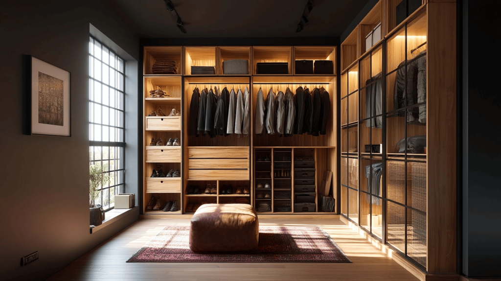 Elegant luxury wardrobe design trends with wooden shelves and warm ambient lighting