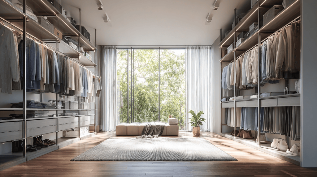 Elegant luxury wardrobe design trends with open shelving and modern natural light