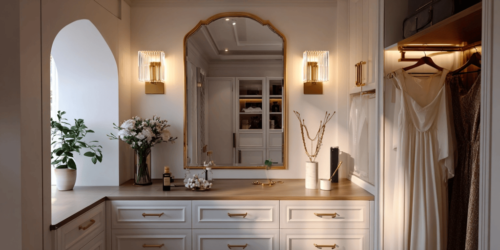 Elegant luxury wardrobe design trends featuring vanity lighting and gold accents