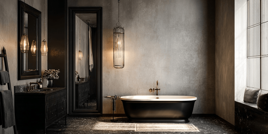 Chic luxury bathroom trends with black accents and elegant ambient lighting