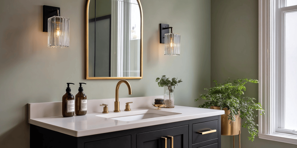 Elegant luxury bathroom trends with gold accents and a sophisticated vanity setup