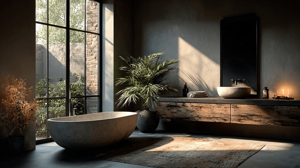Rustic sustainable bathroom design with natural wood textures and warm lighting