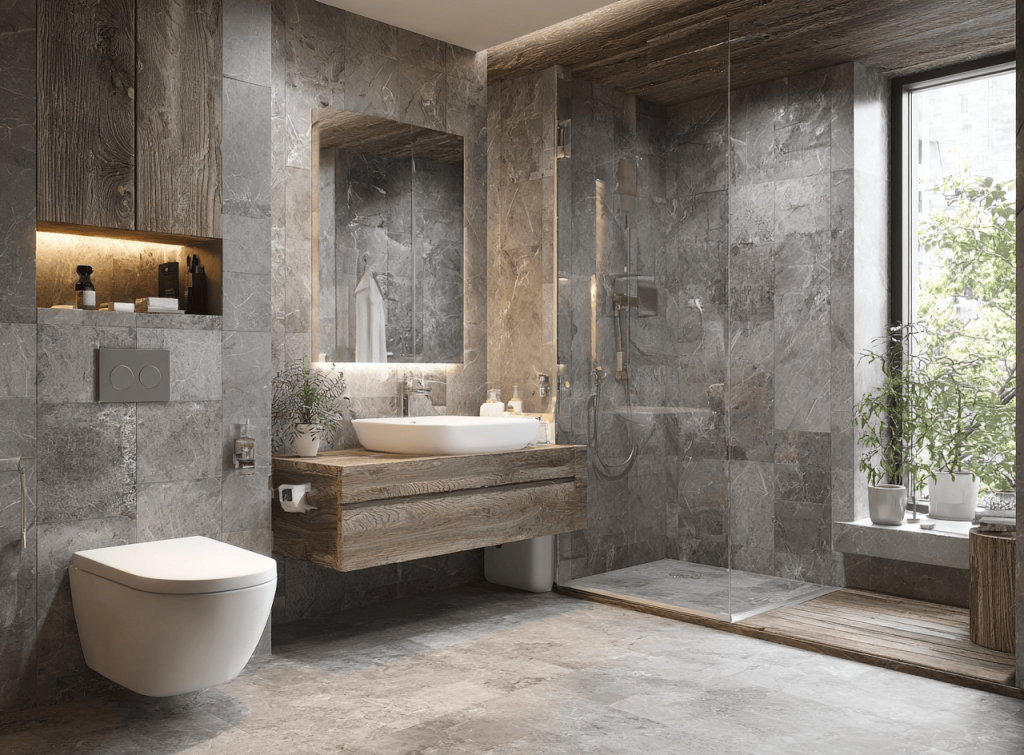 Elegant bathroom interior design trends 2026 with stone tiles and natural wood finishes