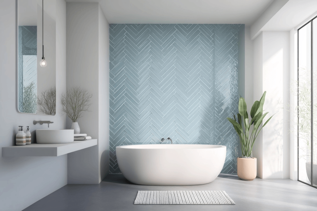 Serene spa-like bathroom trends with soft blue tiles and freestanding bathtub