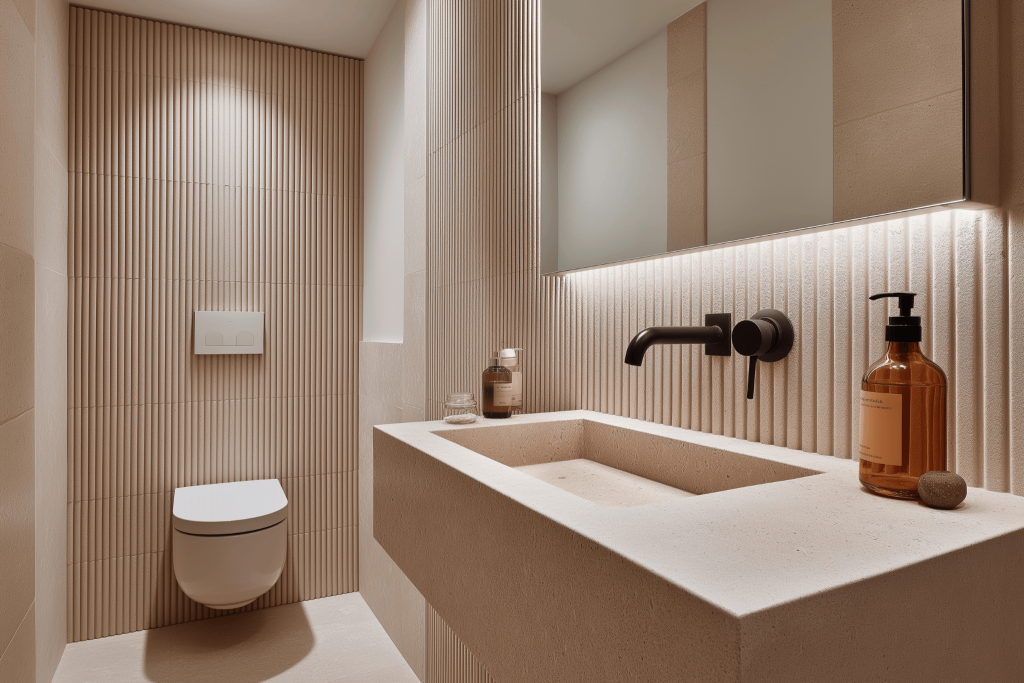 Minimalist modern bathroom design trends with textured walls and warm lighting