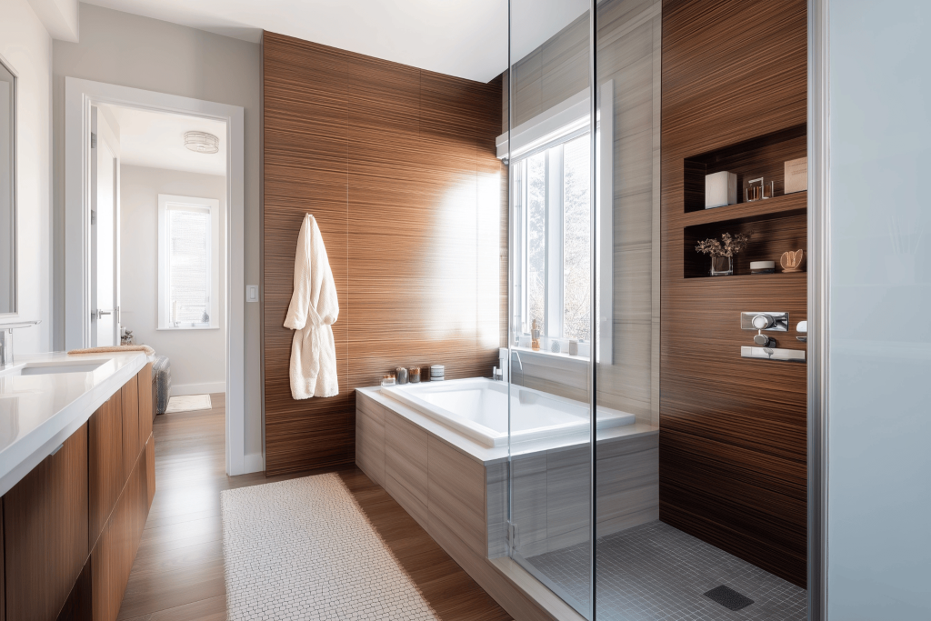 Warm modern bathroom design trends with wood accents and natural lighting
