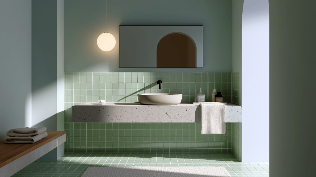Calming modern bathroom design trends with soft green tiles and minimal décor