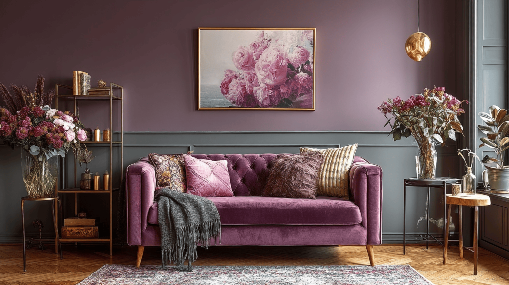 Charming interior wall colour trends with deep mauve and elegant floral accents