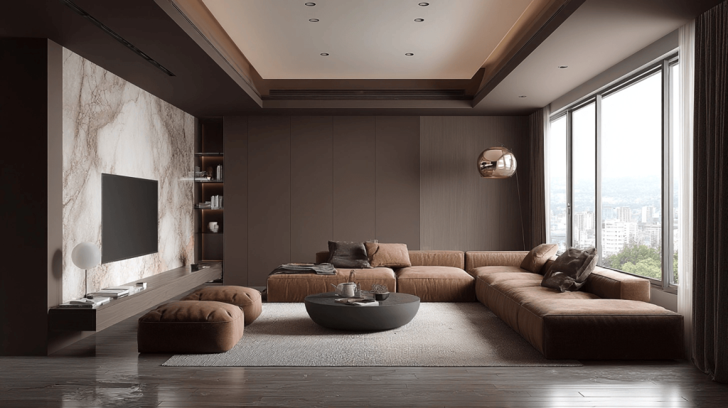 Sophisticated modern colour trends with earthy browns and marble accent wall