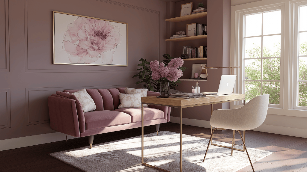 Elegant latest home colour trends 2026 with soft mauve tones and cozy workspace décor