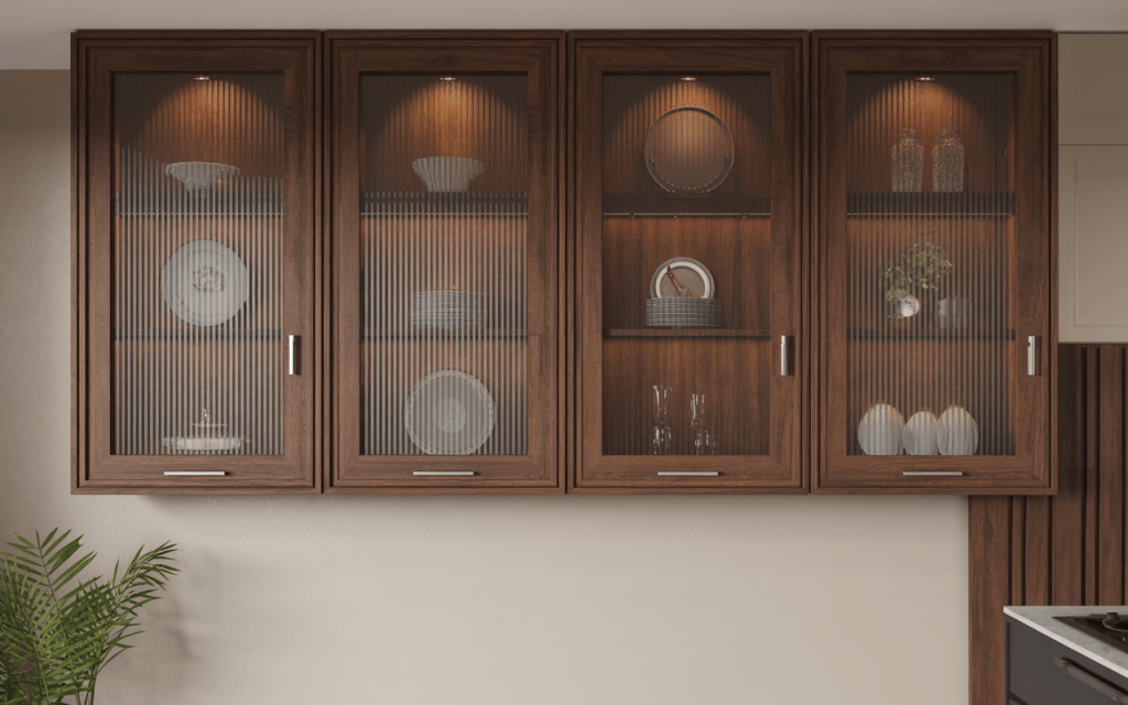 Stylish glass wall cabinet design with wooden frames and ambient lighting for kitchens