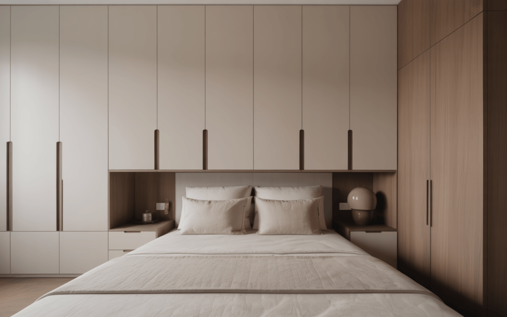 Sleek wall cabinet design for bedroom with warm wood tones and built-in storage style