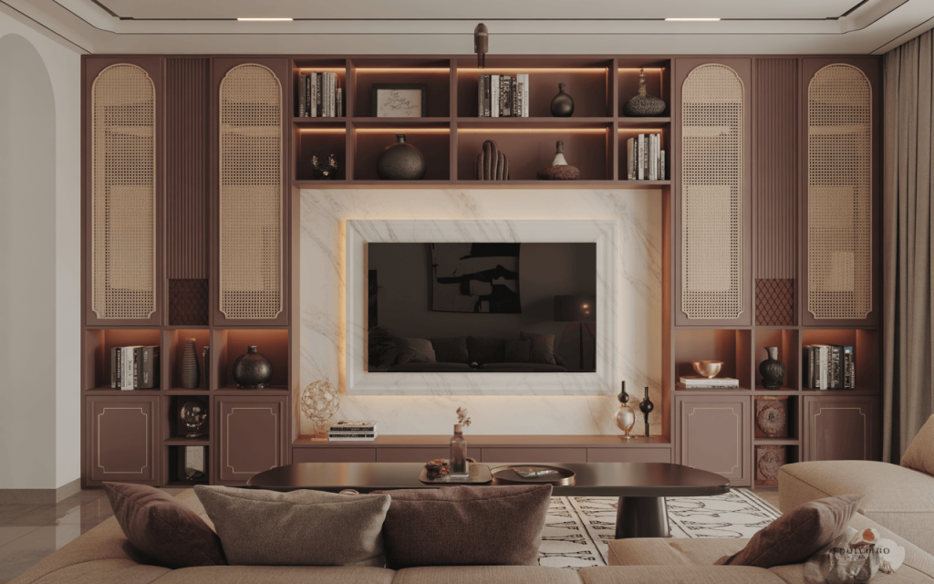 Luxurious wall cabinet design for living room with lighting and rattan panel details