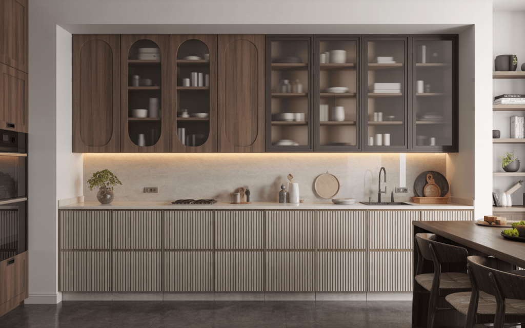 Elegant glass wall cabinet design combining wood and matte finishes for modern kitchens