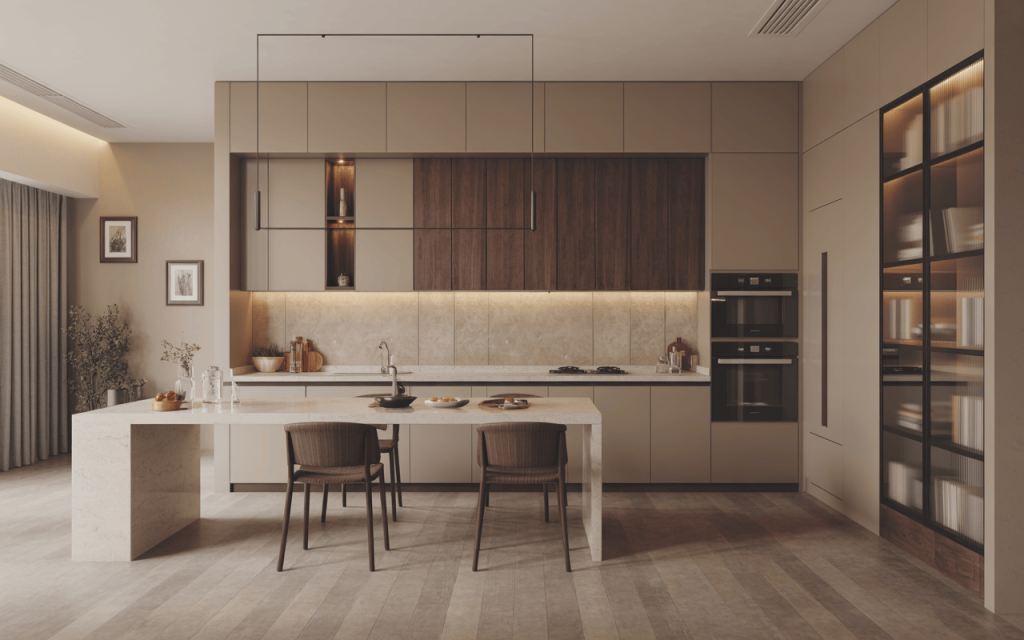 Stylish modern wall cabinet design blending wood and beige tones for elegant kitchens