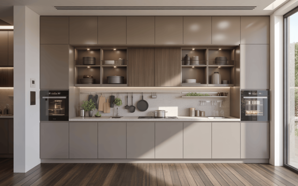 Elegant latest wall cabinet design with open shelves and spotlights for a modern kitchen