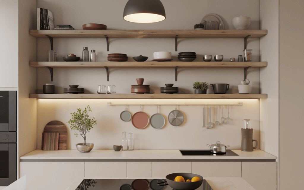 Beautiful open wall cabinet design with wooden shelves for stylish modern kitchens