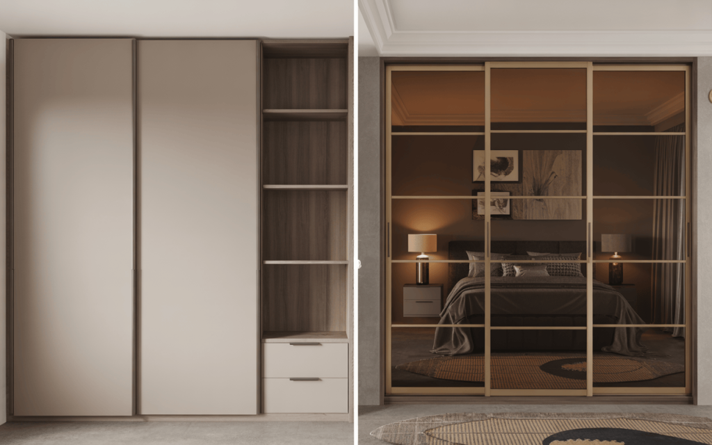 Elegant 2 door sliding wardrobe designs with modern finish and mirrored panels
