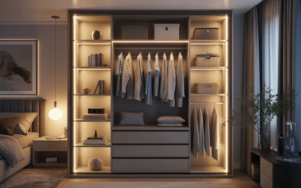 Luxury latest sliding wardrobe design with LED lighting and elegant open shelves