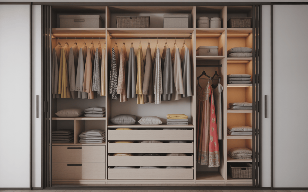 Spacious modular sliding wardrobe designs with organized shelves and hanging space