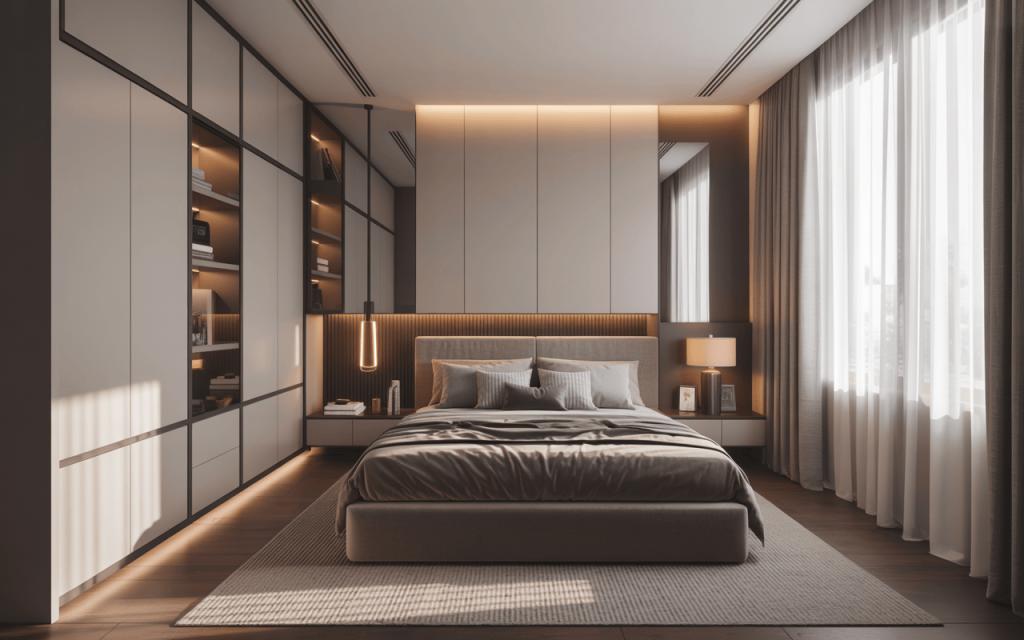 Luxurious modern sliding wardrobe design with elegant lighting in cozy bedroom