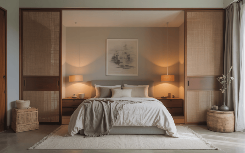 Warm simple sliding wardrobe design with woven panels for cozy modern bedrooms