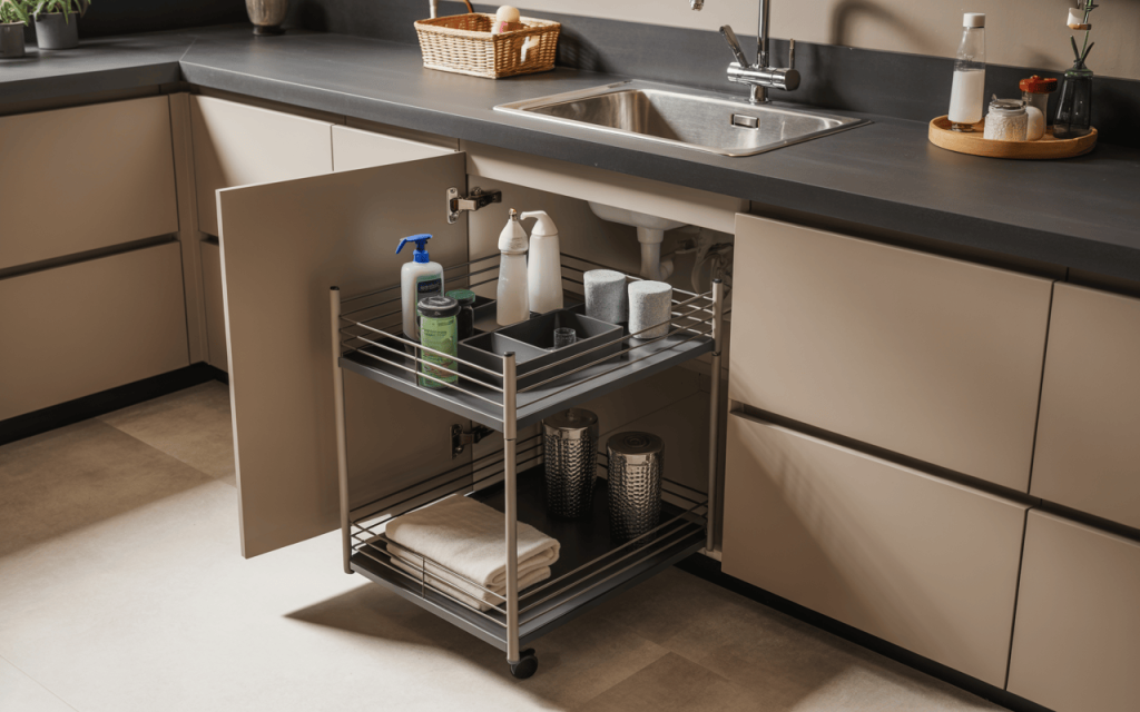 Smart small modular kitchen trolley design for under-sink cleaning storage space