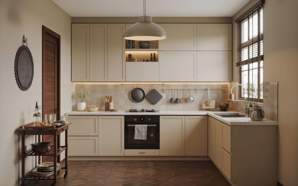 Cozy small kitchen trolley design adding warmth and function to compact beige kitchen