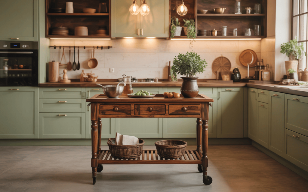 Rustic small kitchen trolley design with wooden drawers and baskets in cozy kitchen