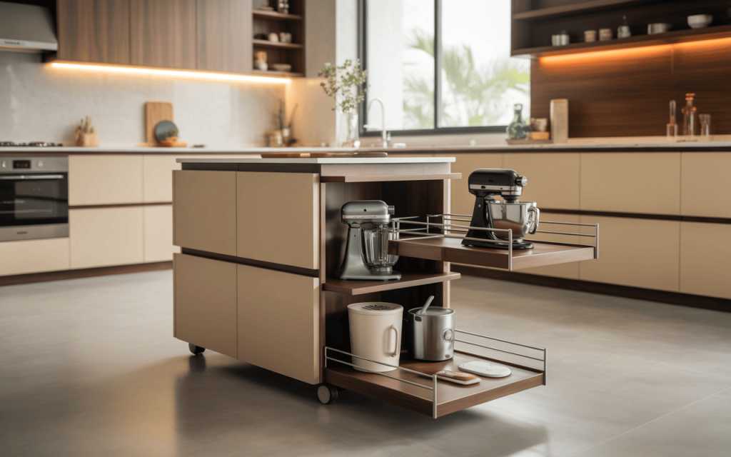 Sleek modern small kitchen trolley design with pull-out shelves and appliances