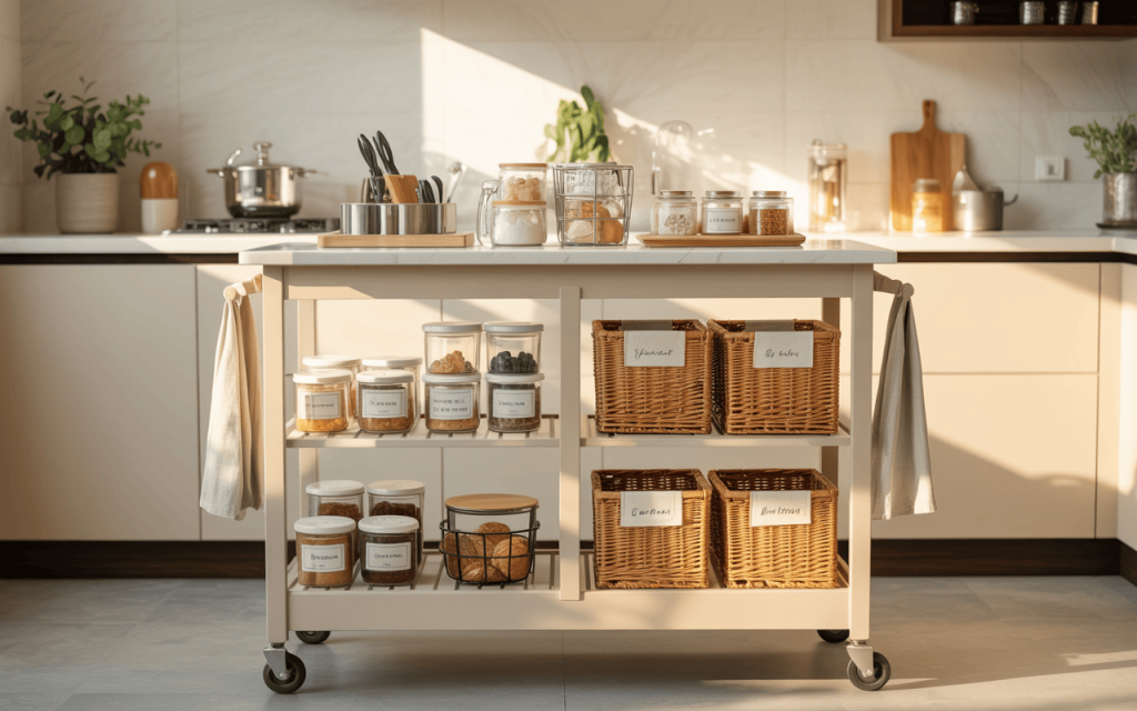 Bright kitchen trolley ideas for small kitchen with organized jars and wicker baskets
