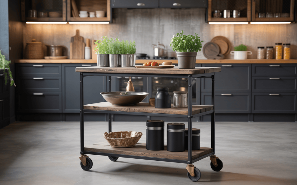 Stylish small kitchen trolley design with herbs and storage in a modern dark kitchen