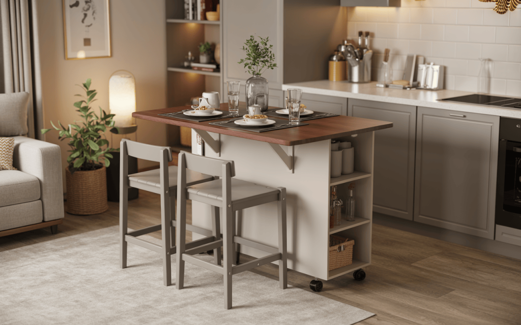 Cozy modern small kitchen trolley design with breakfast setup and storage shelves