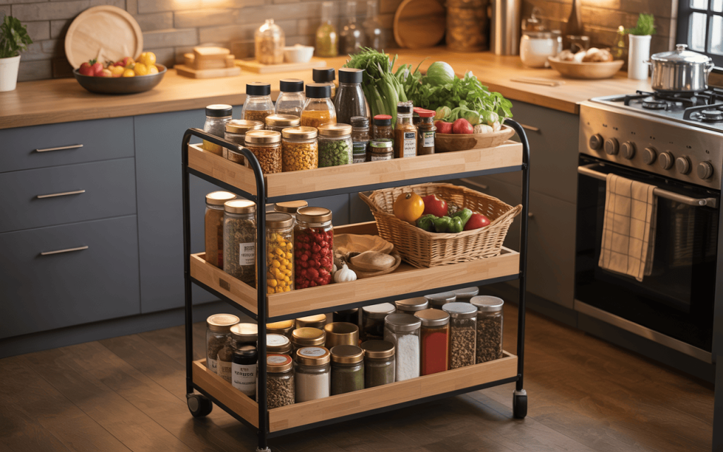 Beautiful kitchen trolley design for small kitchen with organized spice jars and veggies