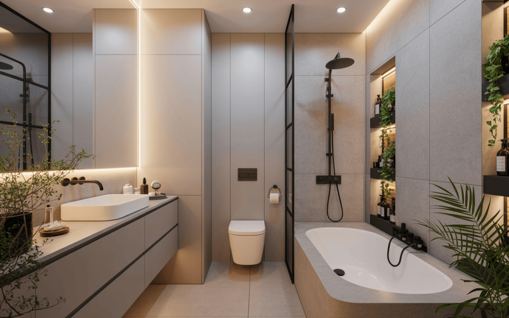 Stylish mini bathtub décor ideas with plants and soft lighting in a modern bathroom