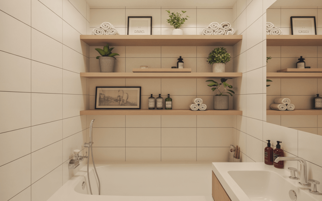 Cozy small bathtub decor ideas with shelves towels and plants in a warm bathroom