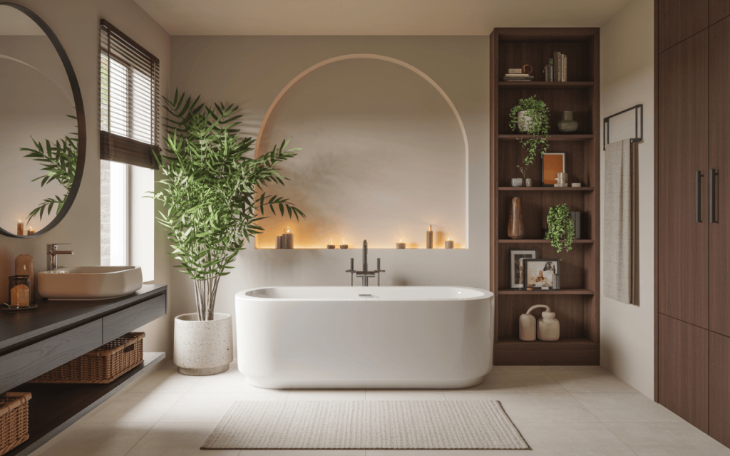 Elegant master bathtub decor ideas with candles plants and wooden shelf accents
