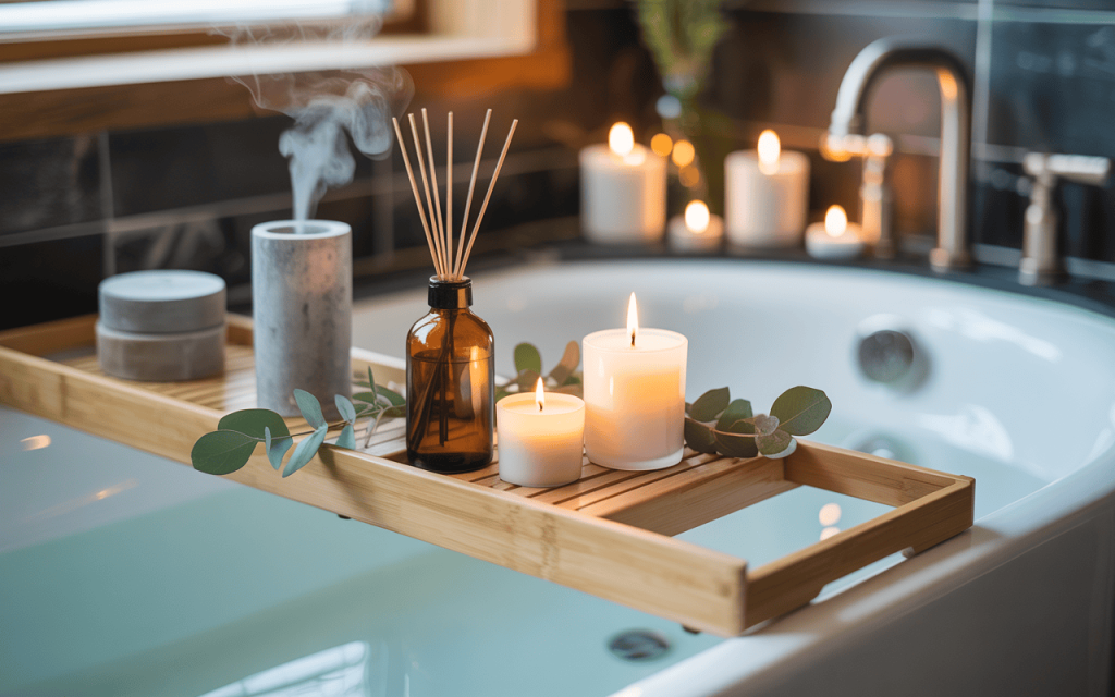 Relaxing bath tub decor with candles and diffuser creating a calm spa feel