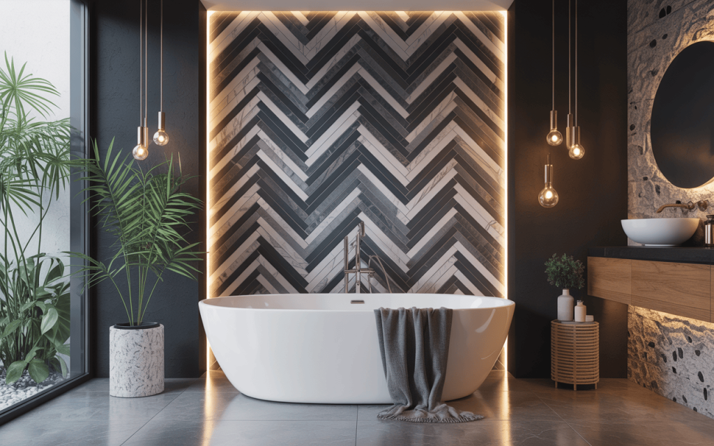 Chic modern bathtub decor ideas with chevron wall and stylish hanging lights