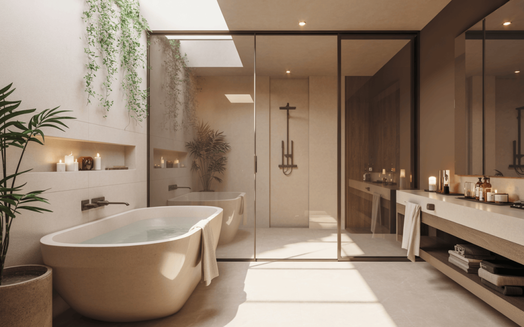 Elegant master bathtub decor ideas with warm lighting and indoor green plants