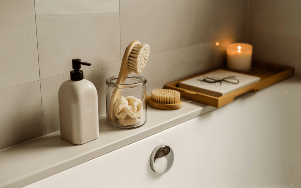 Warm bathtub decor ideas with candle light and wooden tray for a peaceful bath space