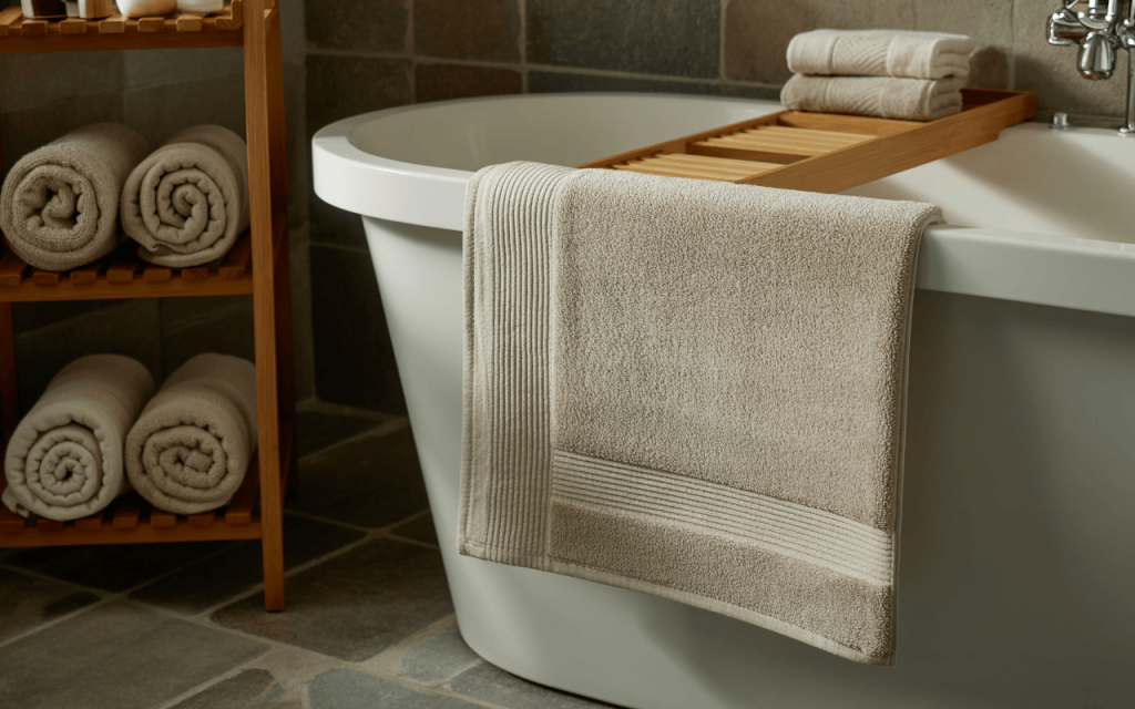 Cozy bath tub decor with soft towels and wooden rack for a warm spa-like feel