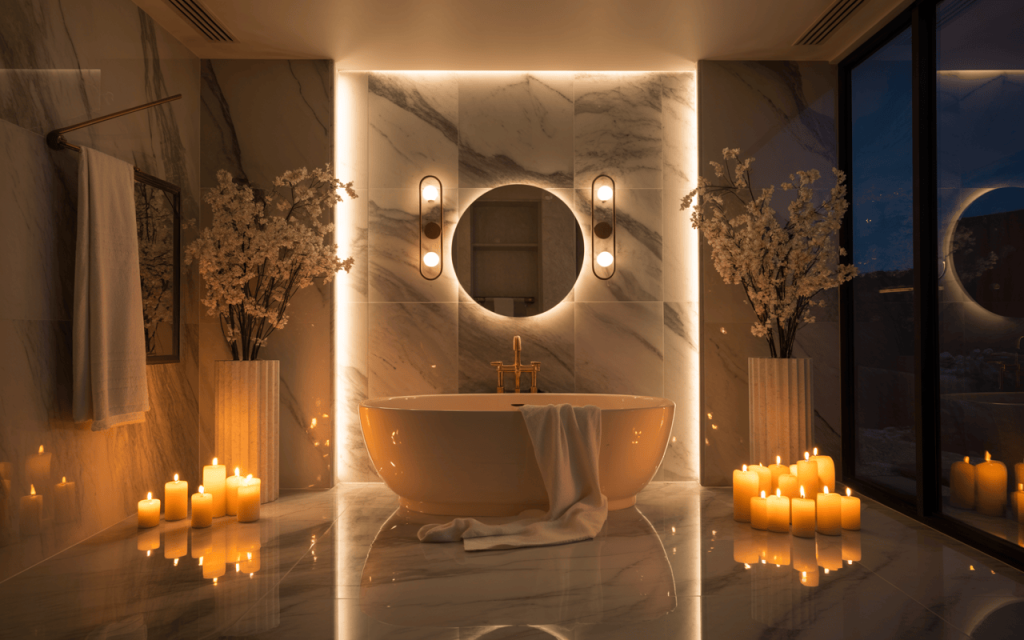 Luxurious modern bathtub decor ideas with candles and flowers for a relaxing mood