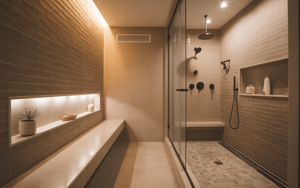 Stylish modern bathroom shower designs with warm lighting and elegant beige tiles