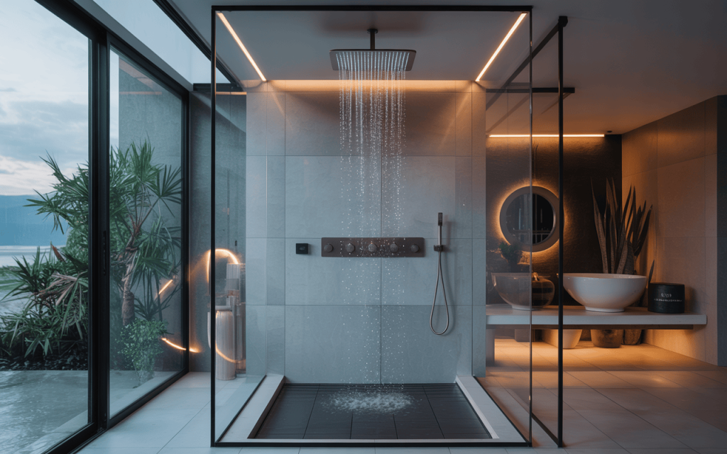 Luxurious best bathroom shower designs with rainfall system and warm ambient lighting